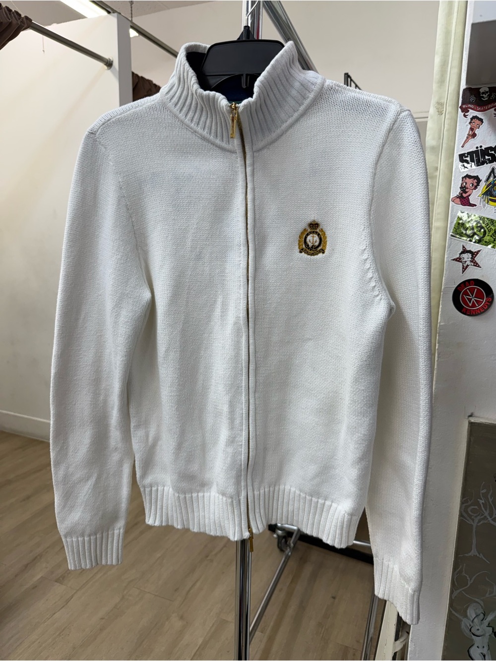 Lauren Ralph Lauren White Zip Sweater with Gold Accents Sz L